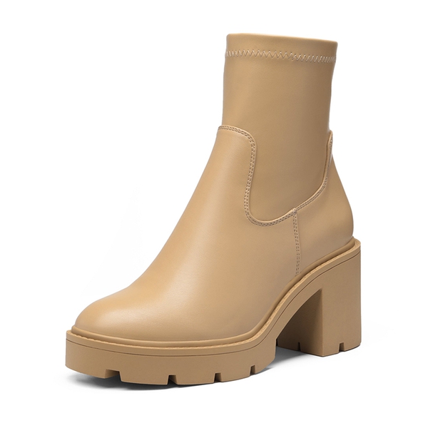 Elastic Chunky Heel Lug Sole Booties - NUDE PU -  0